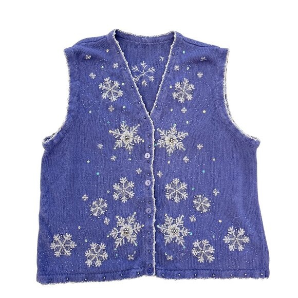 Vintage 90s Snowflake Beaded Knit Vest, Purple Holiday Christmas Sweater Vest - Picture 1 of 6